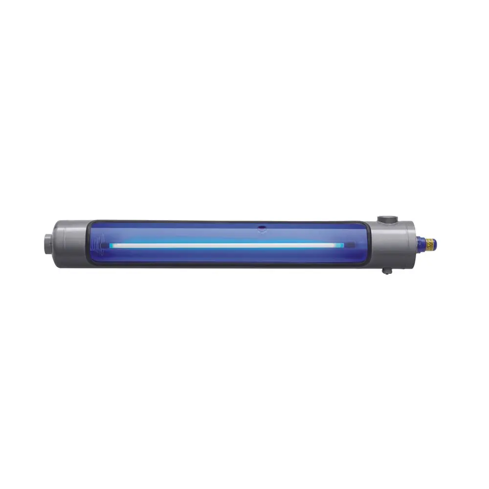 UV-Desinfektionsgerät von BWT, längliche Form mit transparentem Gehäuse und blauer Lichtquelle, zur Verwendung in Wasseraufbereitungssystemen.
